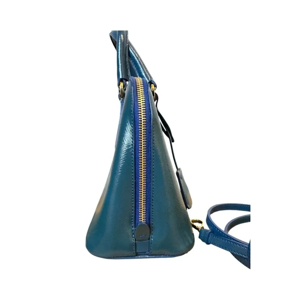 Prada Azzuro Saffiano Vernice Leather Bowler Double-Top Handle Lux Promenade Bag